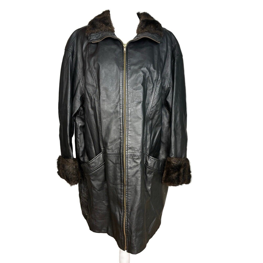 Ashley Stewart Vintage Black Leather Faux Fur Trim Jacket Size 2x